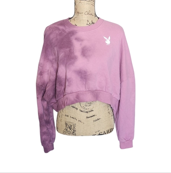 Playboy By Pacsun Women's Medium Sweatshirt Pink Tie Dye Crop Logo Crewneck - Picture 1 of 6